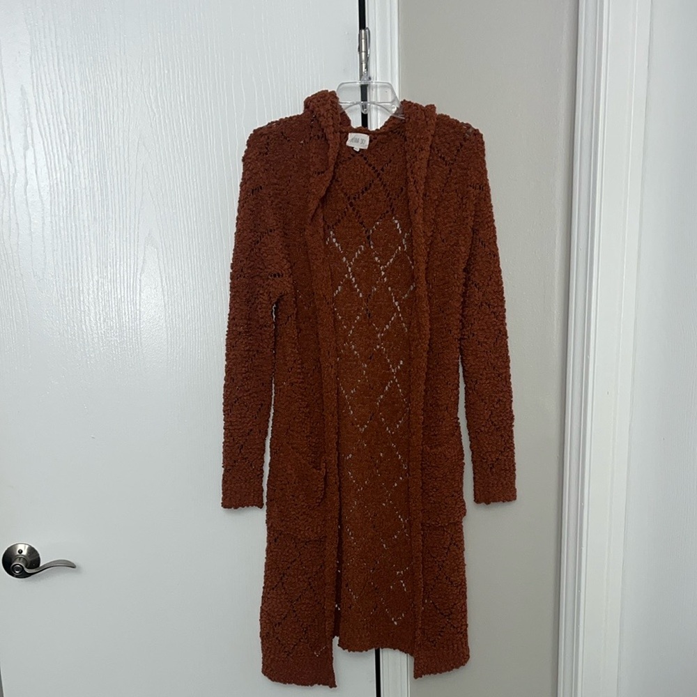 Chunky Knit Orange Cardigan with Diamond Pattern